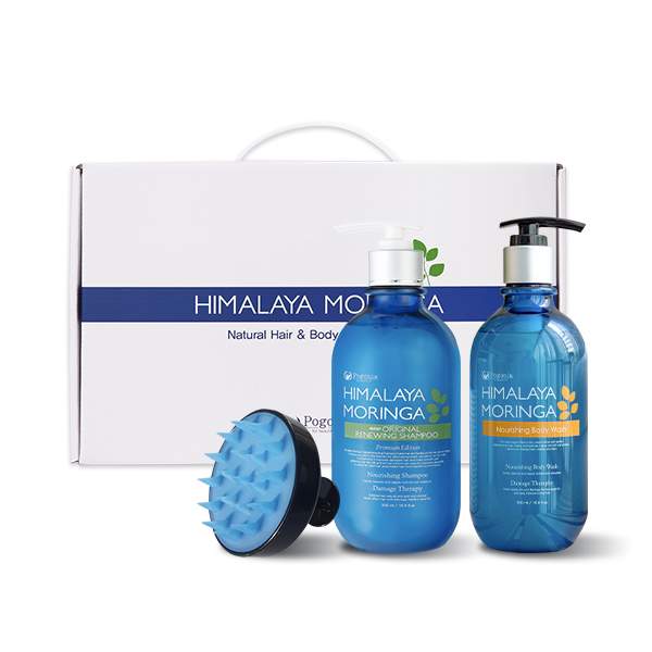 [선물세트] 포고니아 히말라야모링가 3종 선물세트 샴푸 & 바디워시 & 헤어마사지기 1개