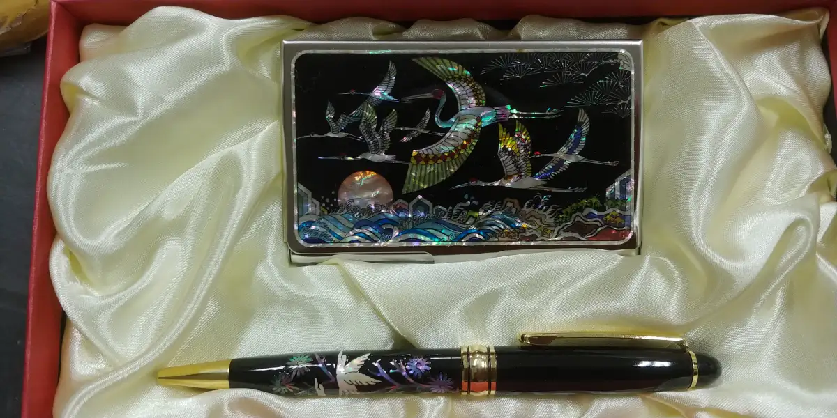 학 자개볼펜과 명함케이스